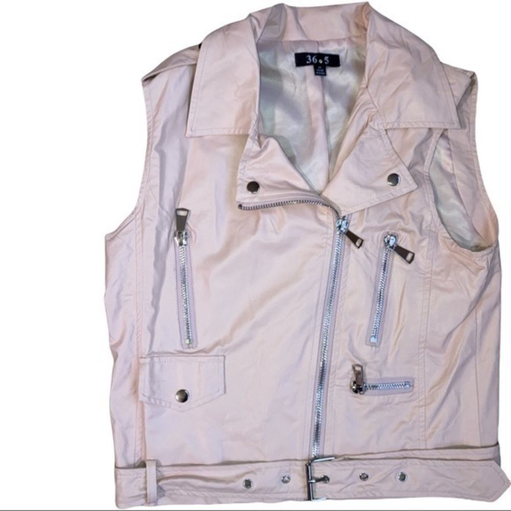 36.5 size medium biker vest jacket faux leather pastel pink with silver zippers